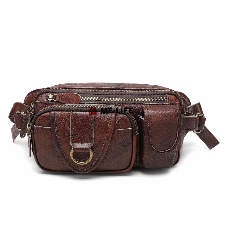 1818-6483 High Quality Brown Genuine Leather Waist Bag for Hiking